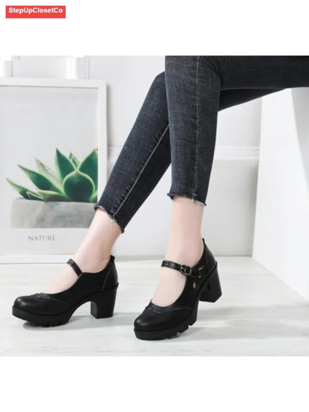 Women's Leather Mary Jane Ankle Strap Round Toe Mid Heel Platform Oxfords Dress
